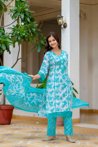 EthniFlair Turquoise Blue Floral Printed Thread Work Cotton Straight Kurta & Pyjama & Dupatta