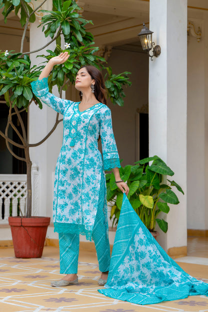 EthniFlair Turquoise Blue Floral Printed Thread Work Cotton Straight Kurta & Pyjama & Dupatta