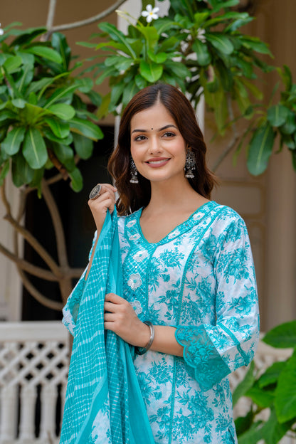 EthniFlair Turquoise Blue Floral Printed Thread Work Cotton Straight Kurta & Pyjama & Dupatta