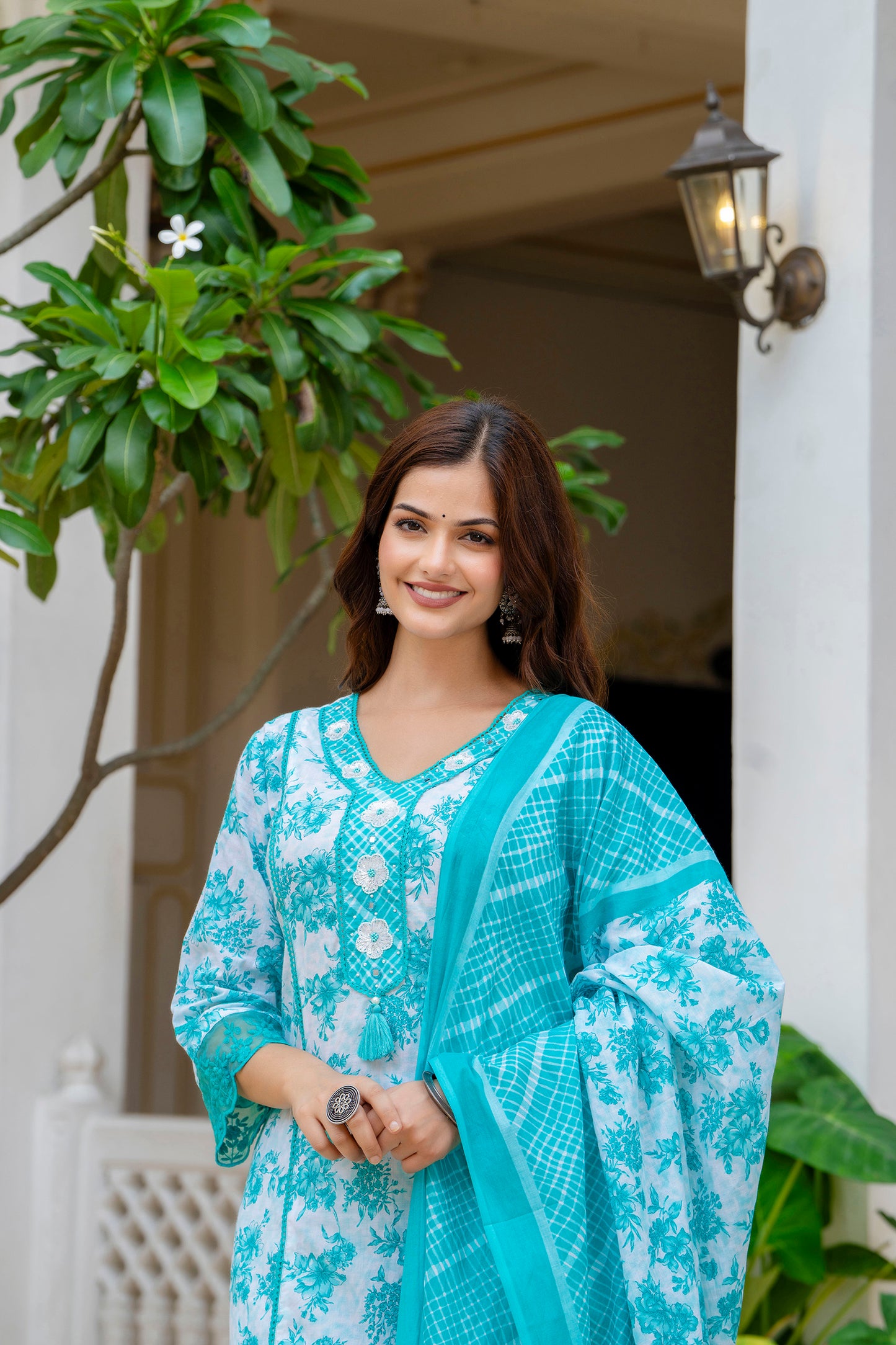 EthniFlair Turquoise Blue Floral Printed Thread Work Cotton Straight Kurta & Pyjama & Dupatta