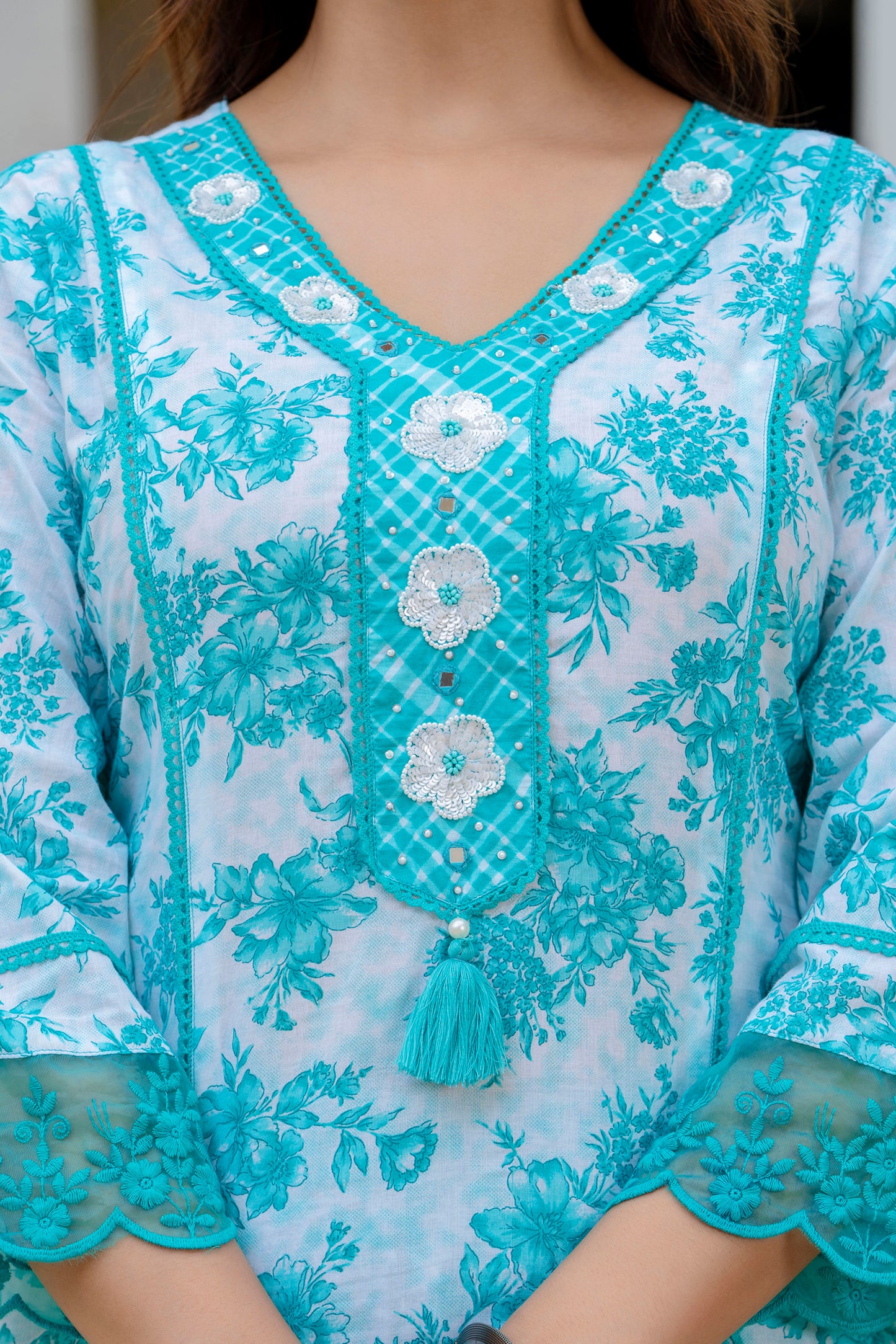 EthniFlair Turquoise Blue Floral Printed Thread Work Cotton Straight Kurta & Pyjama & Dupatta