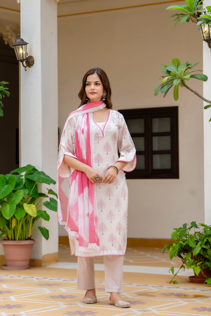 EthniFlair Floral Printed Aari Work Kurta with Palazzos & Dupatta