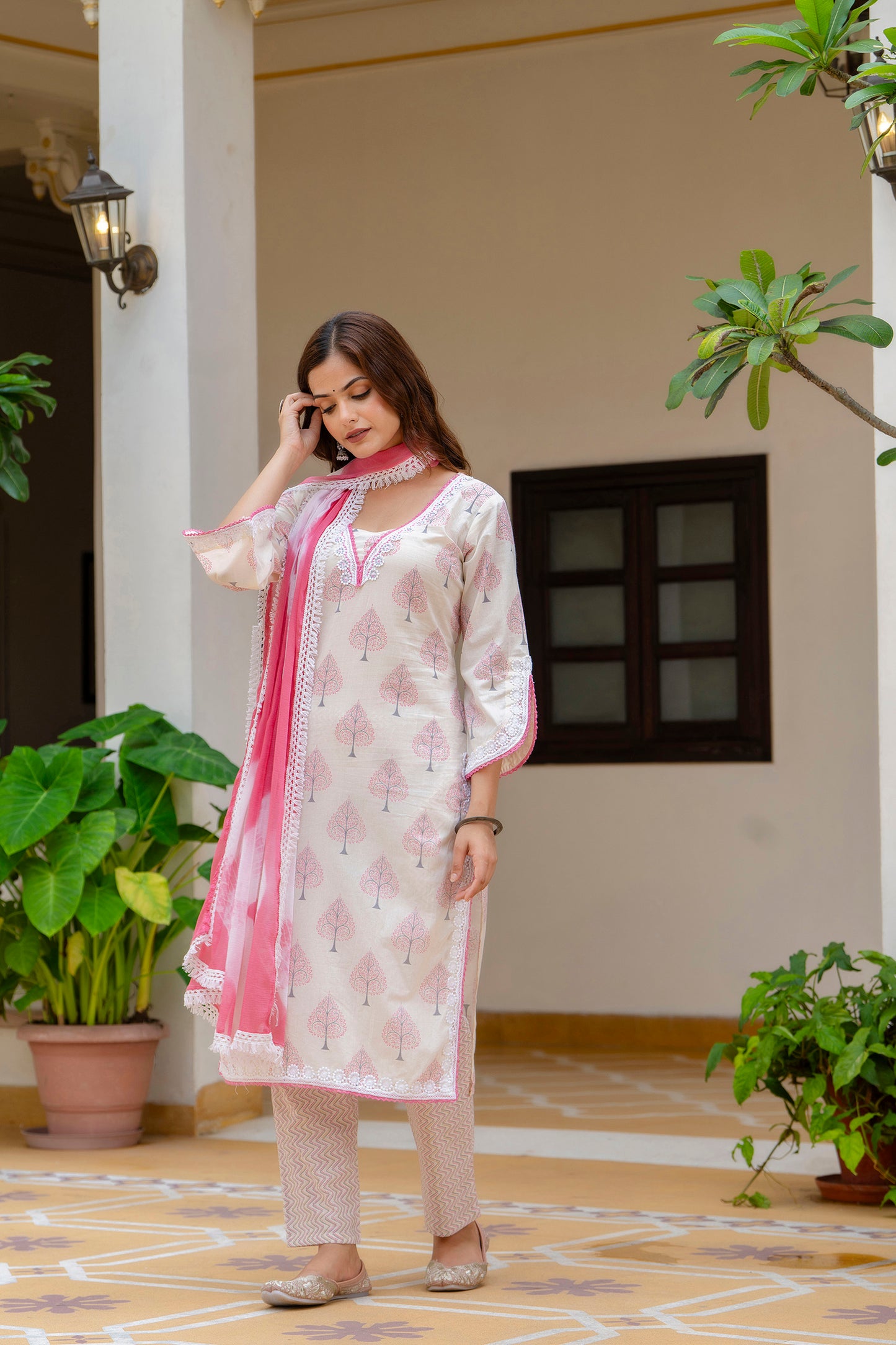 EthniFlair Women Cotton White Floral Straight Kurta with Pants & Dupatta