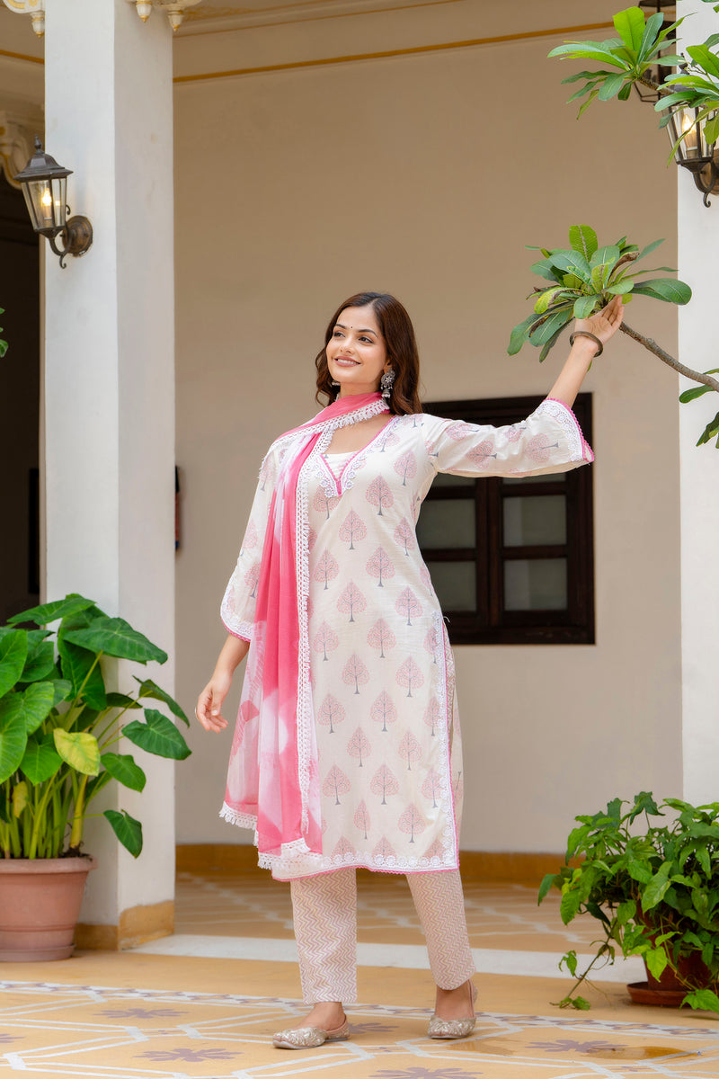 EthniFlair Floral Printed Aari Work Kurta with Palazzos & Dupatta