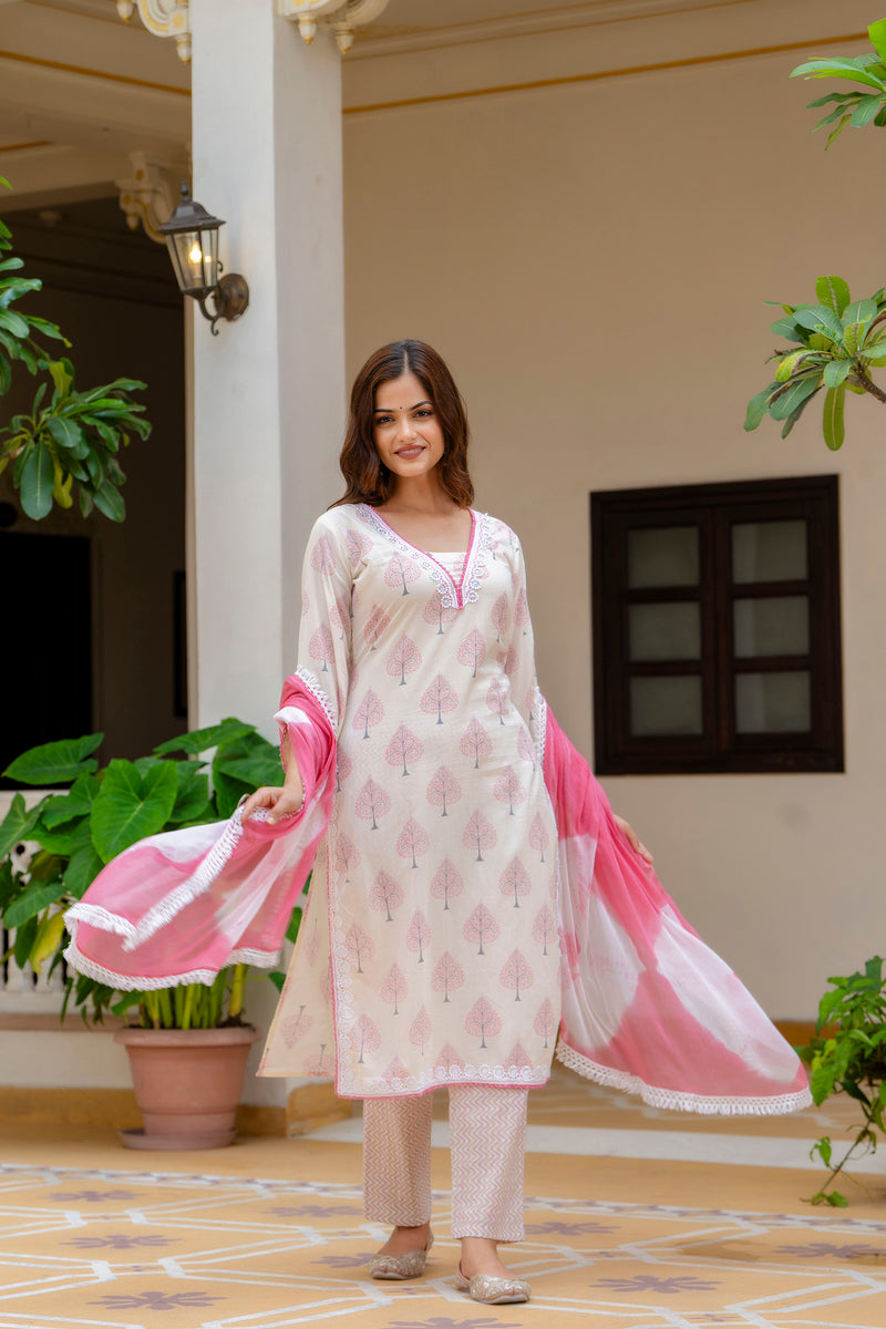 EthniFlair Floral Printed Aari Work Kurta with Palazzos & Dupatta