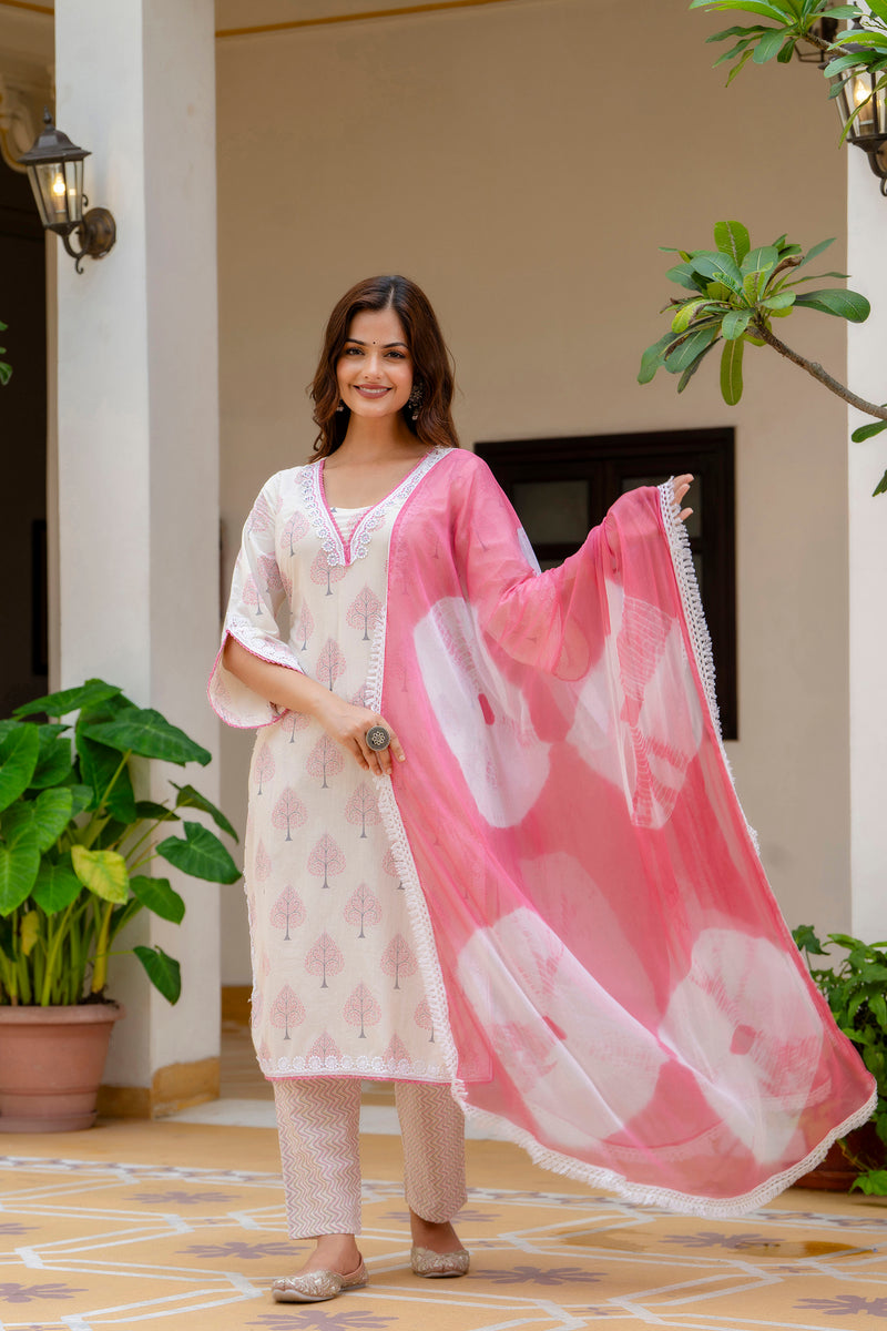 EthniFlair Floral Printed Aari Work Kurta with Palazzos & Dupatta