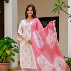 EthniFlair Floral Printed Aari Work Kurta with Palazzos & Dupatta