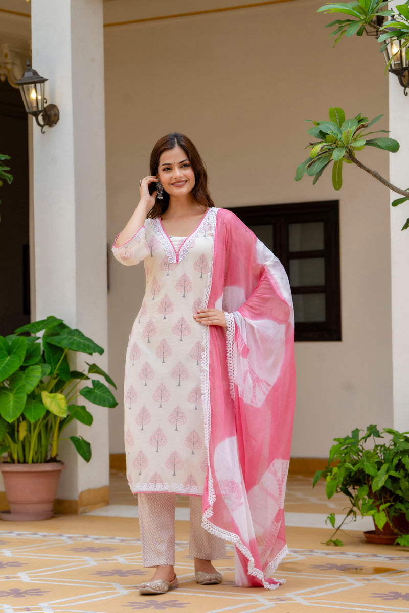 EthniFlair Floral Printed Aari Work Kurta with Palazzos & Dupatta