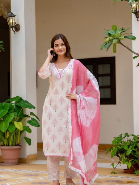 EthniFlair Floral Printed Aari Work Kurta with Palazzos & Dupatta