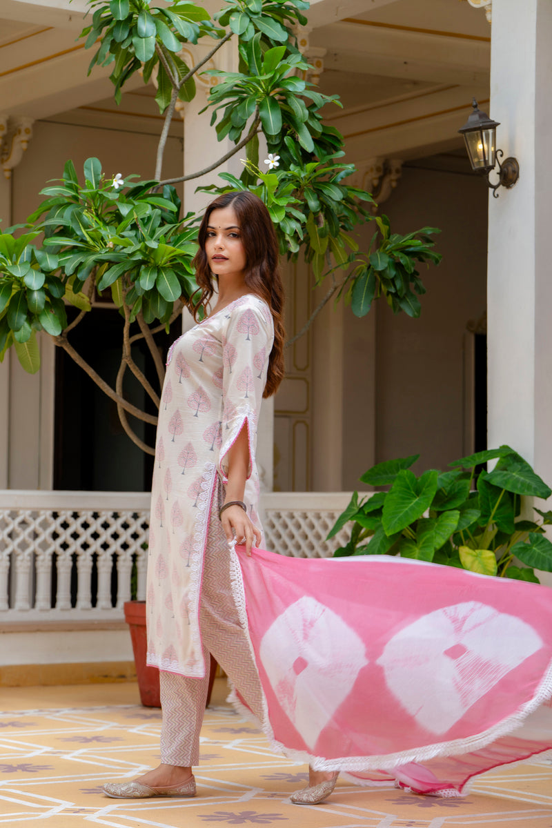 EthniFlair Floral Printed Aari Work Kurta with Palazzos & Dupatta