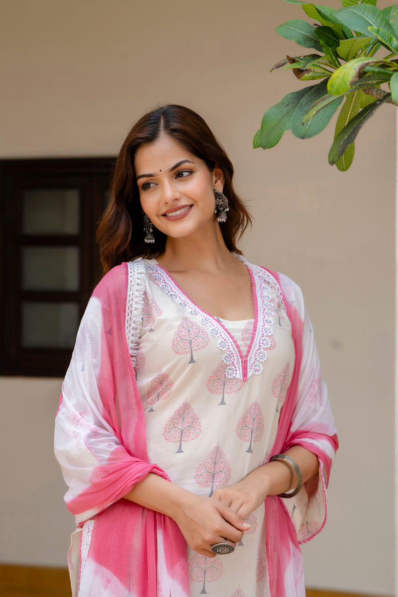 EthniFlair Floral Printed Aari Work Kurta with Palazzos & Dupatta