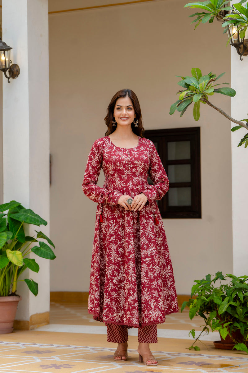 EthniFlair Floral Printed Empire Aari Work Kurta with Trousers & Dupatta