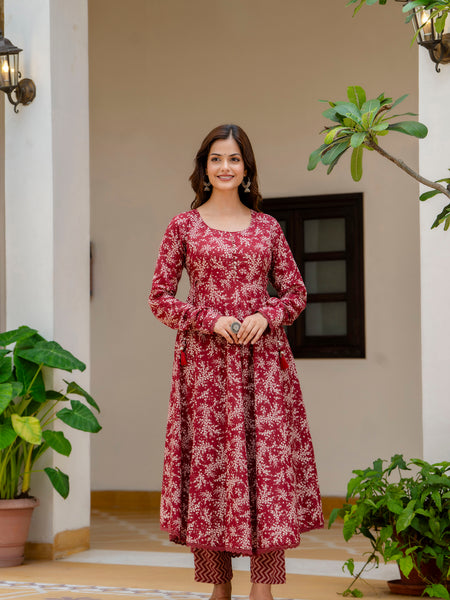 EthniFlair Floral Printed Empire Aari Work Kurta with Trousers & Dupatta