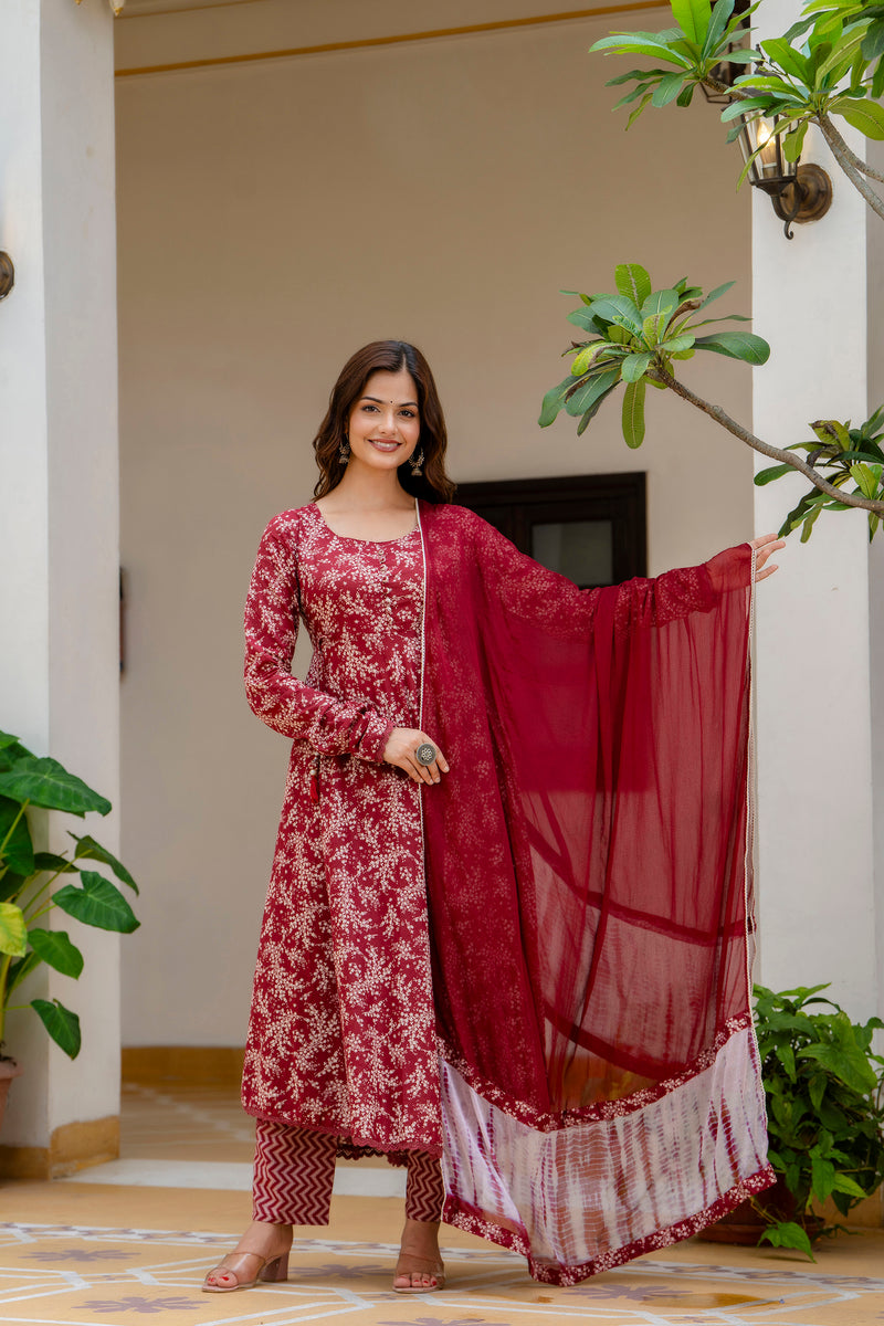 EthniFlair Floral Printed Empire Aari Work Kurta with Trousers & Dupatta