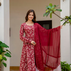 EthniFlair Floral Printed Empire Aari Work Kurta with Trousers & Dupatta