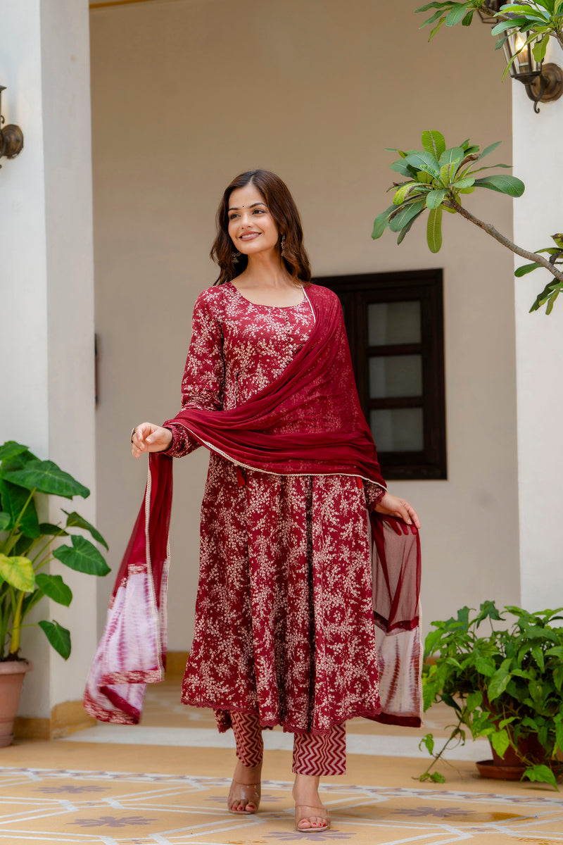 EthniFlair Floral Printed Empire Aari Work Kurta with Trousers & Dupatta