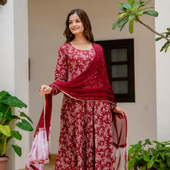 EthniFlair Floral Printed Empire Aari Work Kurta with Trousers & Dupatta