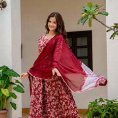 EthniFlair Floral Printed Empire Aari Work Kurta with Trousers & Dupatta