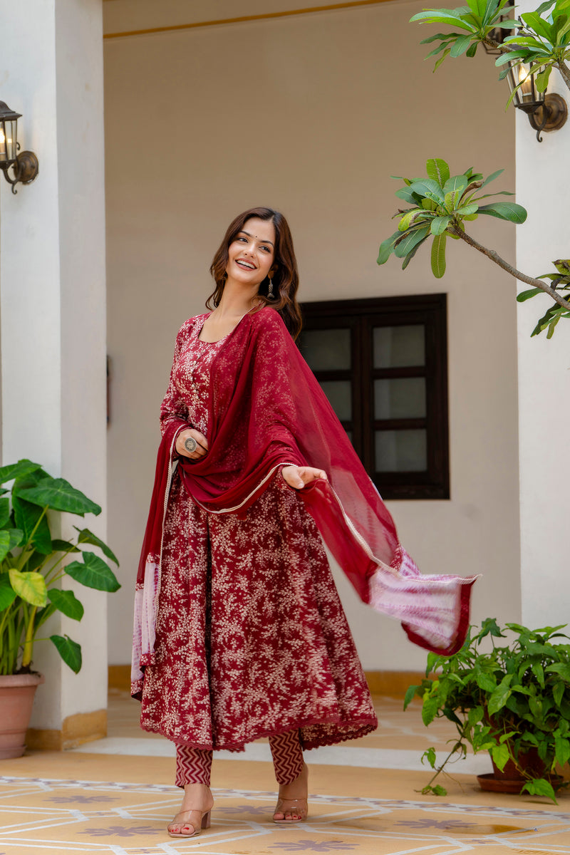 EthniFlair Floral Printed Empire Aari Work Kurta with Trousers & Dupatta