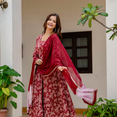 EthniFlair Floral Printed Empire Aari Work Kurta with Trousers & Dupatta