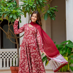 EthniFlair Floral Printed Empire Aari Work Kurta with Trousers & Dupatta