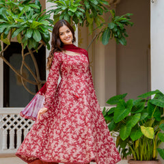 EthniFlair Floral Printed Empire Aari Work Kurta with Trousers & Dupatta