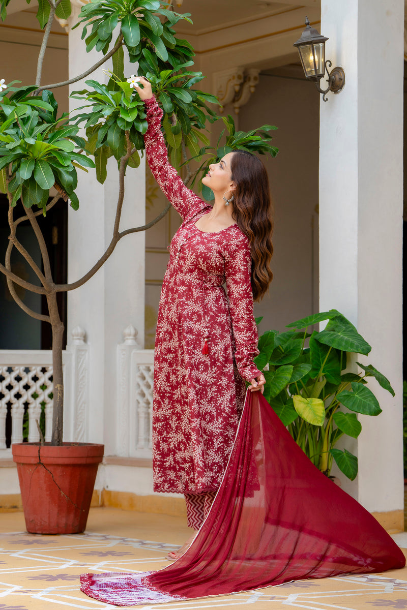 EthniFlair Floral Printed Empire Aari Work Kurta with Trousers & Dupatta