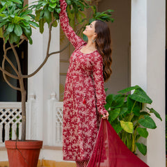 EthniFlair Floral Printed Empire Aari Work Kurta with Trousers & Dupatta