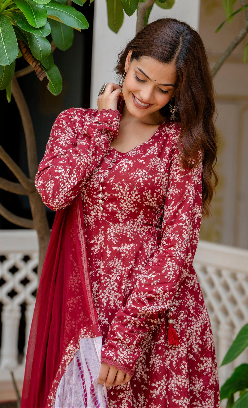 EthniFlair Floral Printed Empire Aari Work Kurta with Trousers & Dupatta