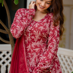 EthniFlair Floral Printed Empire Aari Work Kurta with Trousers & Dupatta