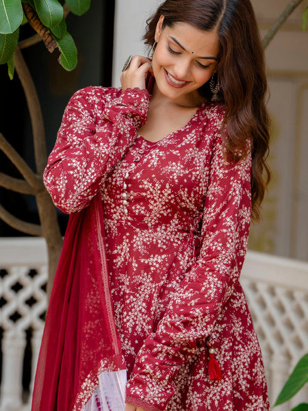 EthniFlair Floral Printed Empire Aari Work Kurta with Trousers & Dupatta