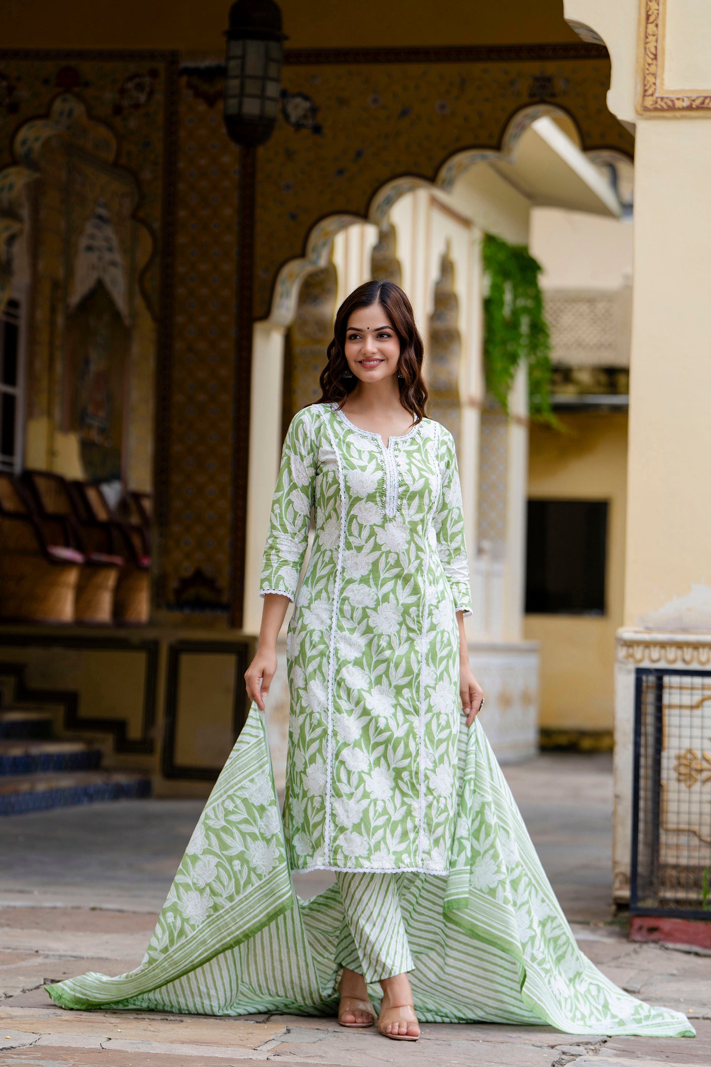 EthniFlair Women Floral Embroidered Regular Aari Work Pure Cotton Kurta with Pyjamas & With Dupatta