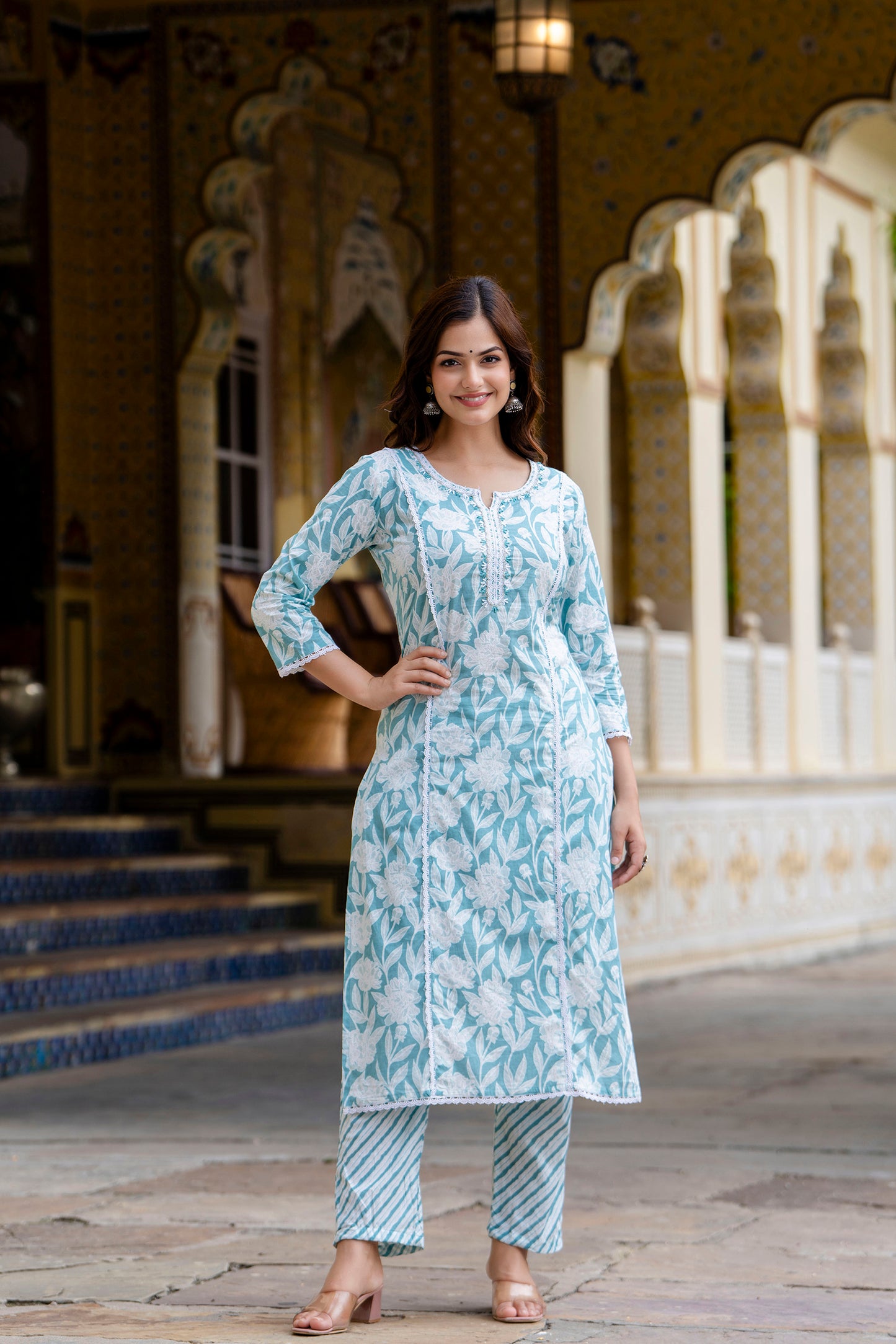 EthniFlair Women Floral Embroidered Regular Aari Work Pure Cotton Kurta with Pyjamas & With Dupatta