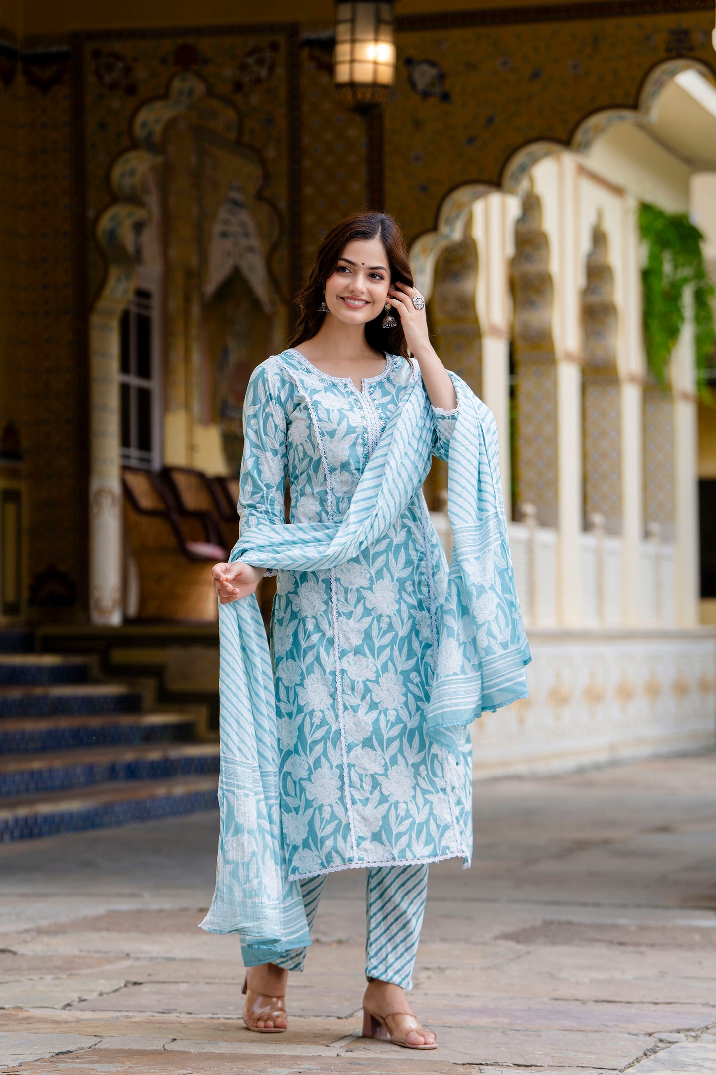 EthniFlair Women Floral Embroidered Regular Aari Work Pure Cotton Kurta with Pyjamas & With Dupatta