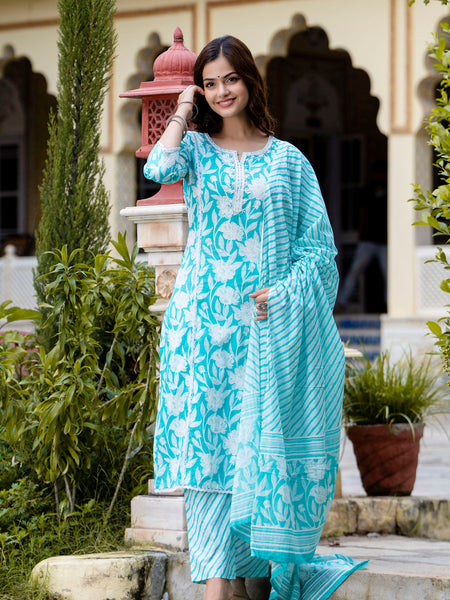 EthniFlair Floral Embroidered Aari Work Kurta with Pyjamas & Dupatta