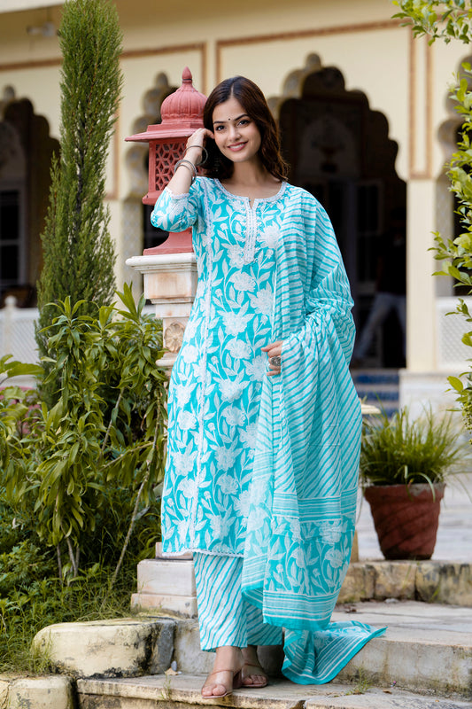 EthniFlair Women Floral Embroidered Regular Aari Work Pure Cotton Kurta with Pyjamas & With Dupatta