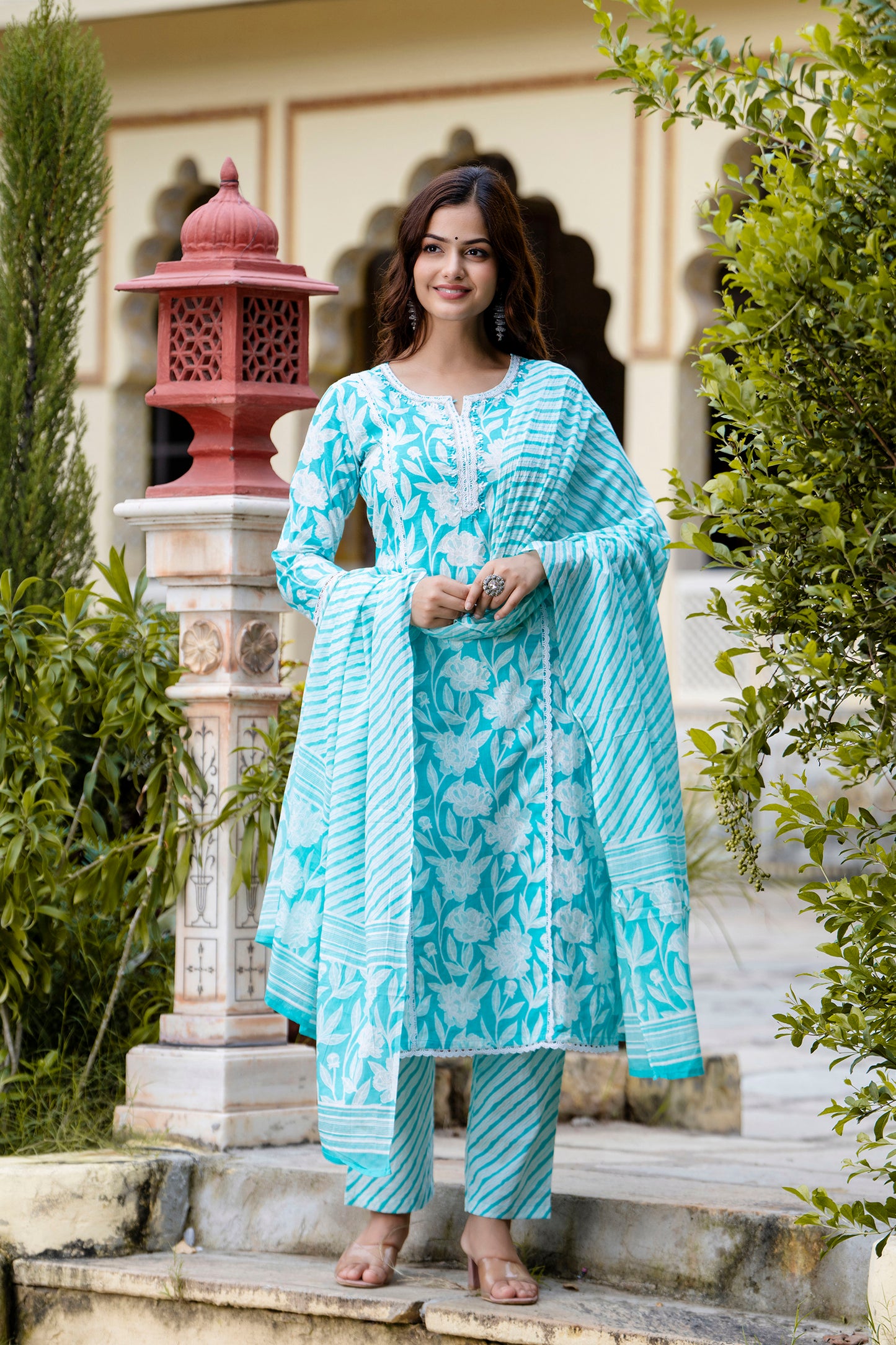 EthniFlair Women Floral Embroidered Regular Aari Work Pure Cotton Kurta with Pyjamas & With Dupatta