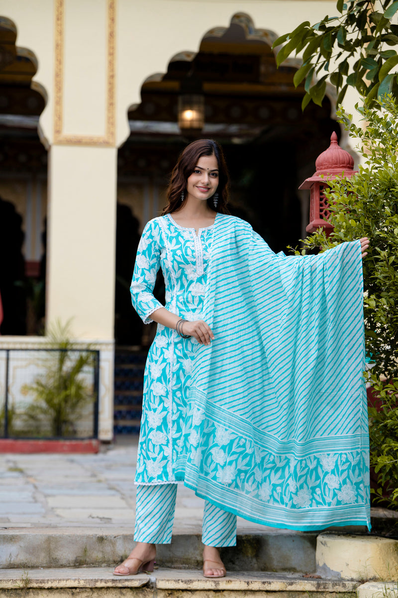 EthniFlair Floral Embroidered Aari Work Kurta with Pyjamas & Dupatta