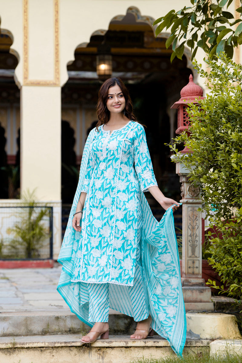 EthniFlair Floral Embroidered Aari Work Kurta with Pyjamas & Dupatta