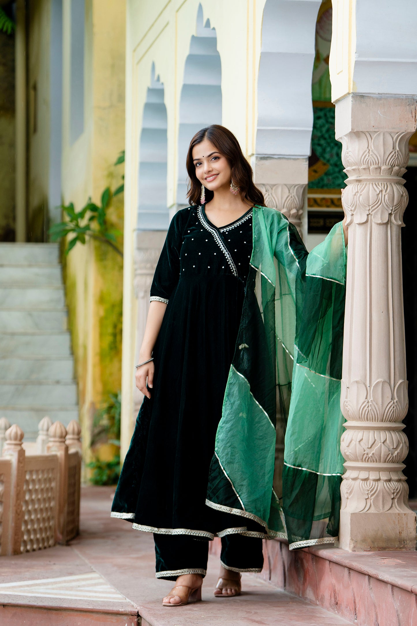 EthniFlair Women Embroidered Angrakha Gotta Patti Velvet Kurta with Trousers & With Dupatta