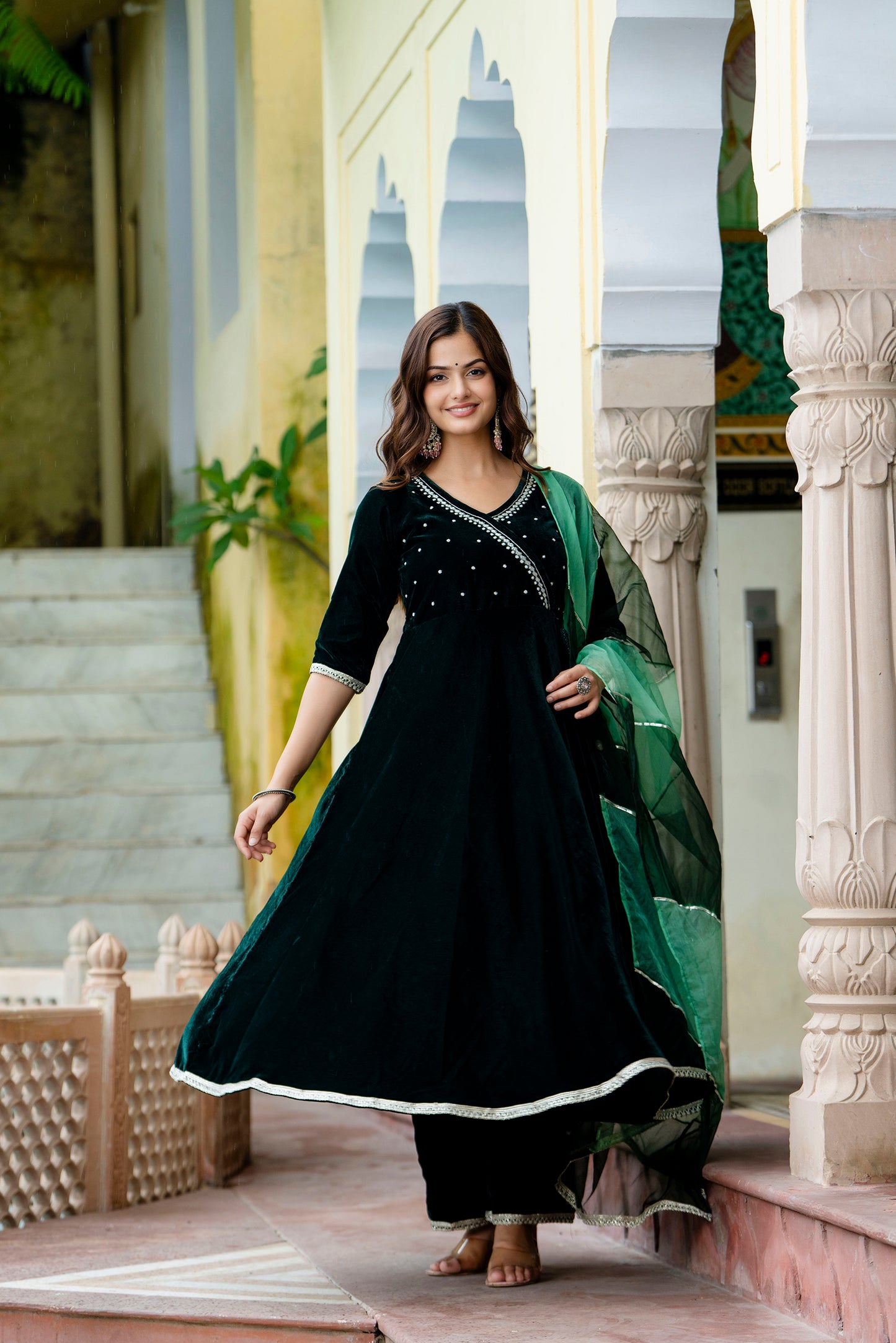 EthniFlair Women Embroidered Angrakha Gotta Patti Velvet Kurta with Trousers & With Dupatta