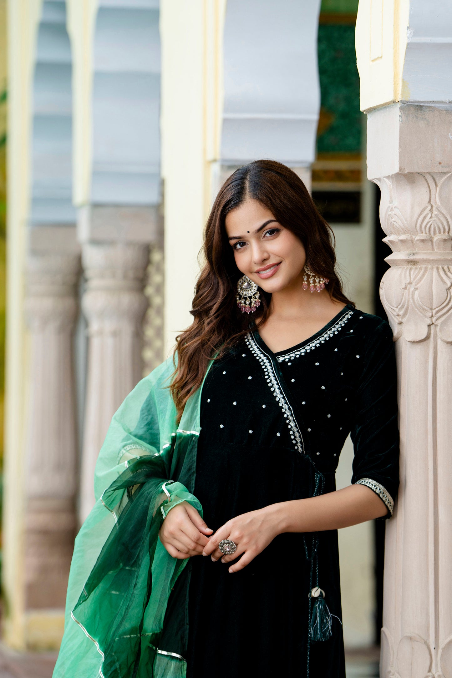 EthniFlair Women Embroidered Angrakha Gotta Patti Velvet Kurta with Trousers & With Dupatta