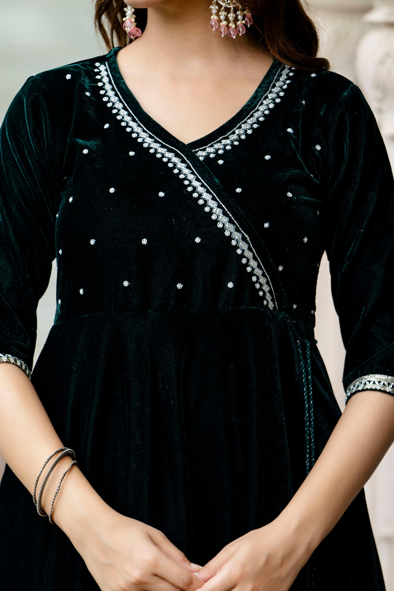 EthniFlair Women Embroidered Angrakha Gotta Patti Velvet Kurta with Trousers & With Dupatta