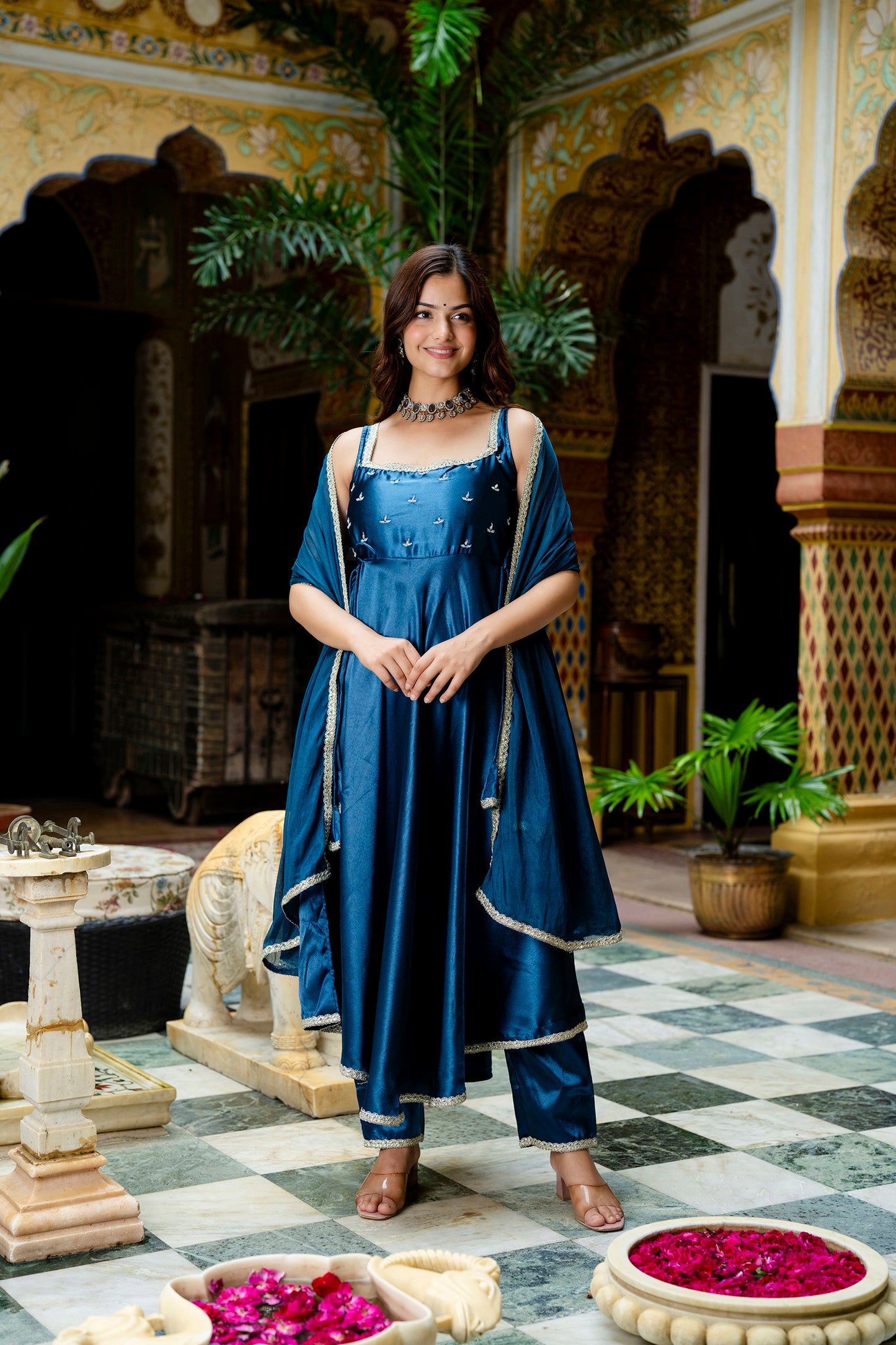 EthniFlair Women Embroidered Empire Gotta Patti Kurta with Trousers & With Dupatta