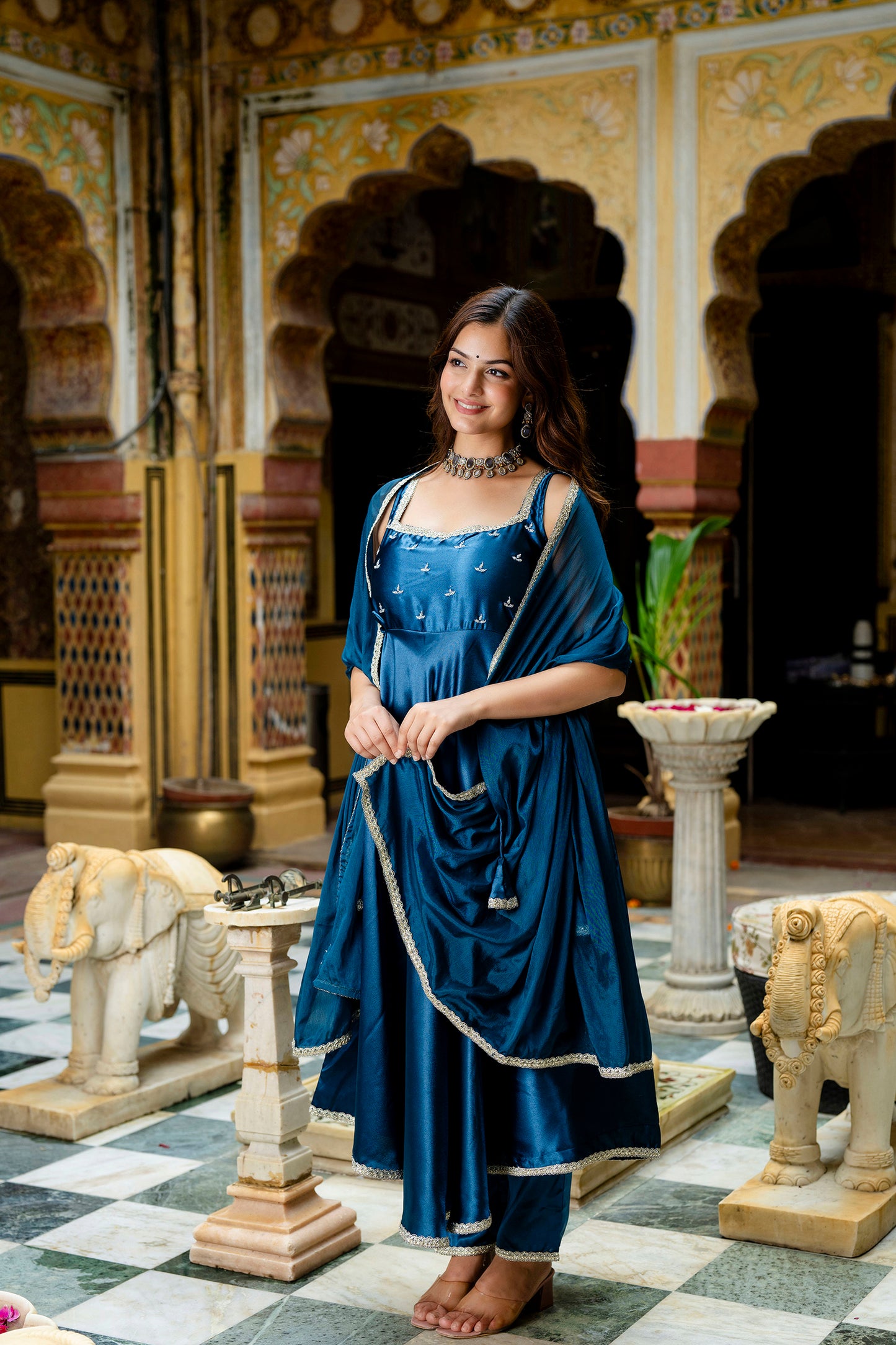 EthniFlair Women Embroidered Empire Gotta Patti Kurta with Trousers & With Dupatta