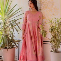 EthniFlair Floral Printed Panelled Aari Work Kurta with Trousers & Dupatta