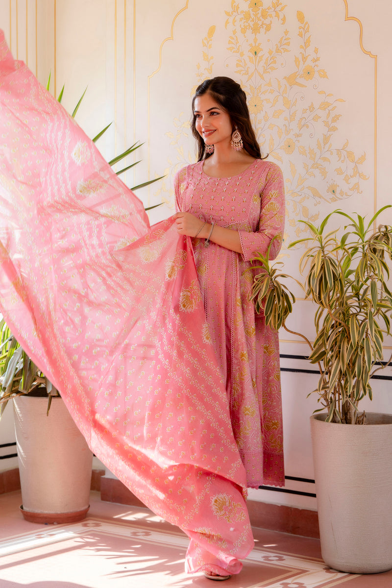 EthniFlair Floral Printed Panelled Aari Work Kurta with Trousers & Dupatta