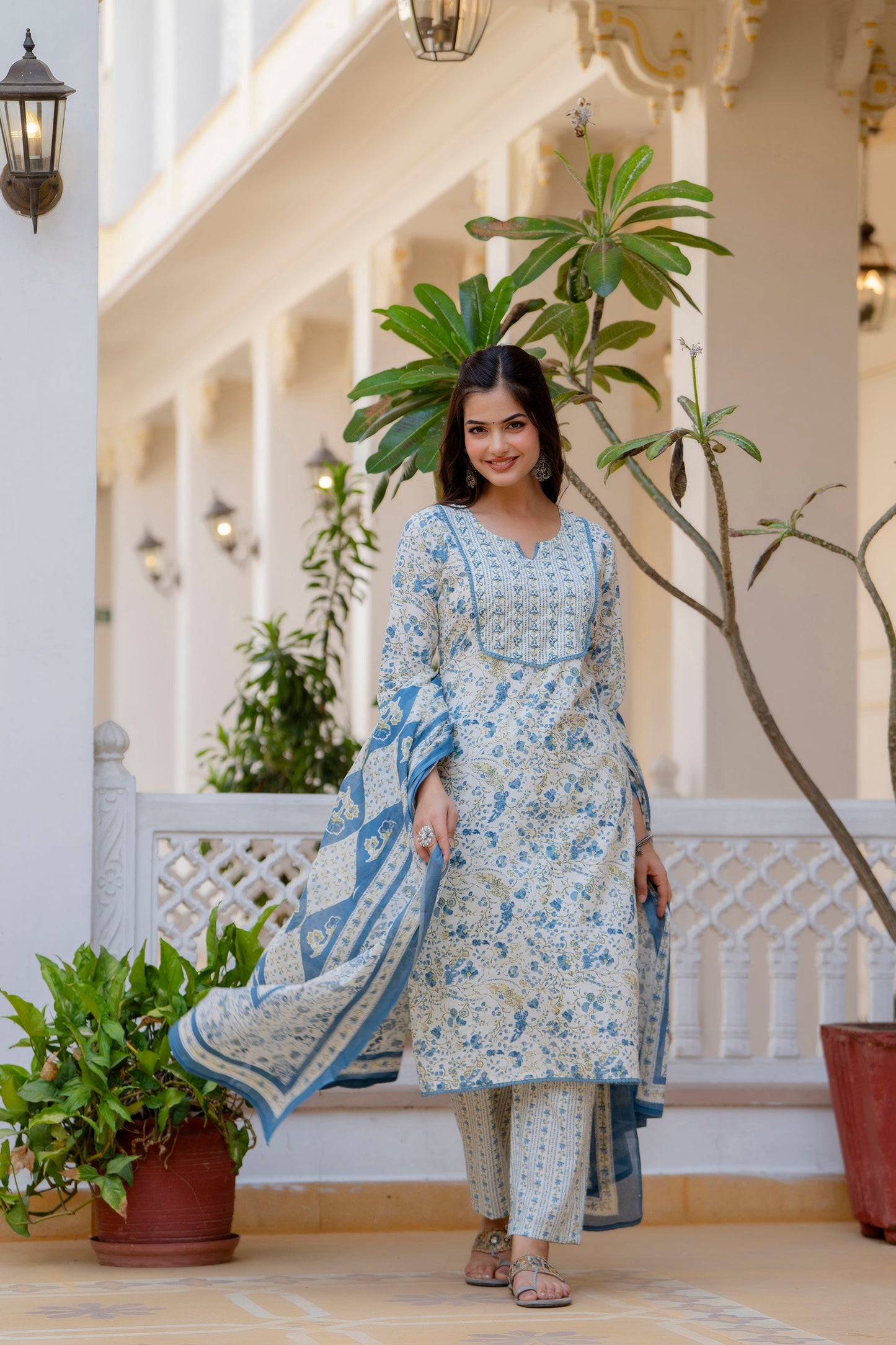 EthniFlair Women Floral Printed Regular Aari Work Pure Cotton Kurta with Palazzos & With Dupatta