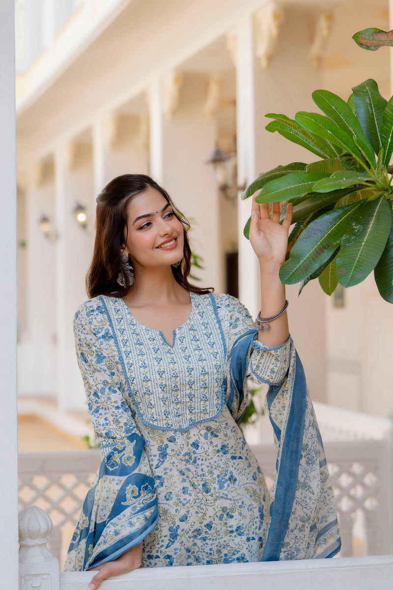 EthniFlair Floral Printed Aari Work Kurta with Palazzos & Dupatta