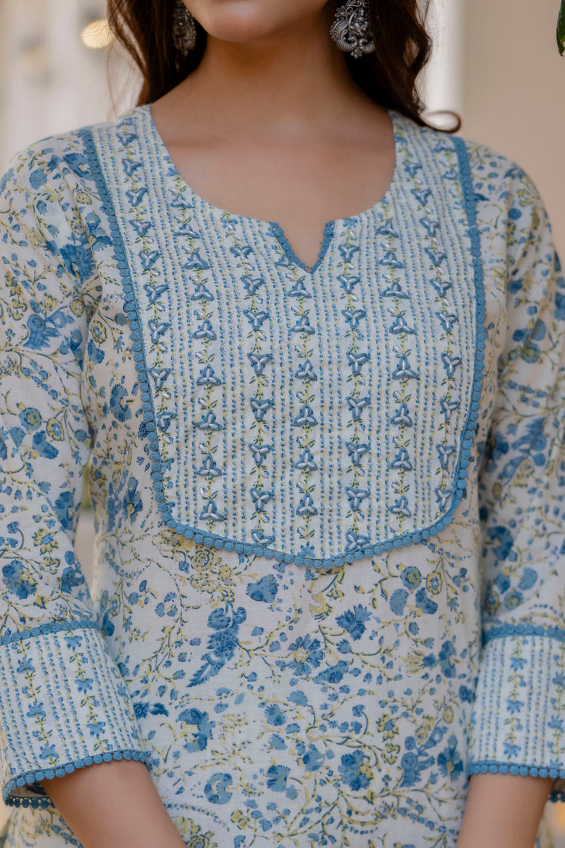 EthniFlair Floral Printed Aari Work Kurta with Palazzos & Dupatta